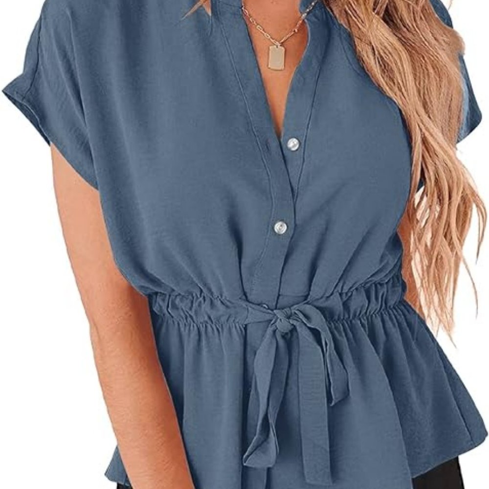 Womens Button Down Chiffon Peplum Blouse XL NEW